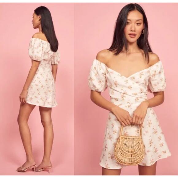 Reformation | Mildred Bowie Linen Dress Floral Off The Shoulder | Sz 6 - Picture 1 of 10